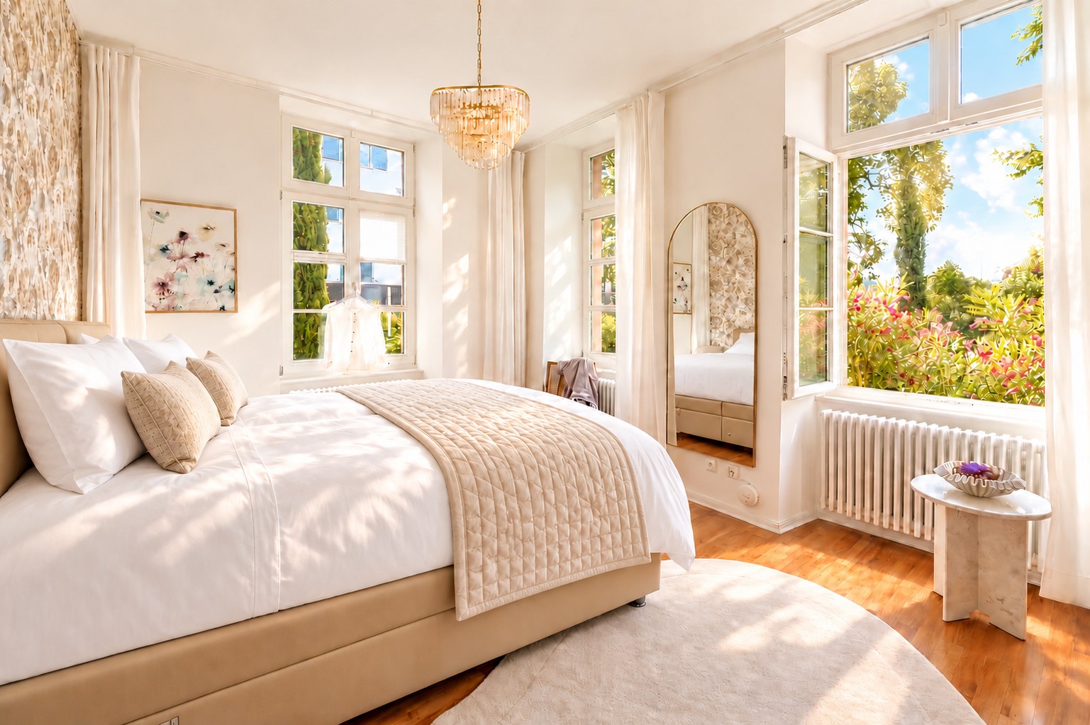 Private bedroom in the Imperial Two-Bedroom Suite Heidelberg with garden view and soft spring morning light