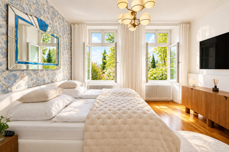 Bright bedroom in the Imperial Two-Bedroom Suite Heidelberg with fresh spring morning light