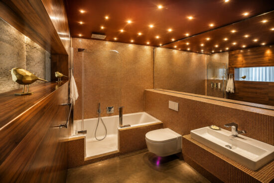 Private bathroom with bathtub and shower area in the Business One-Bedroom Residence Heidelberg