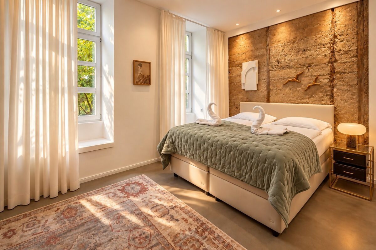 Private king bedroom of the Business One-Bedroom Residence Heidelberg with natural daylight and historic stone wall