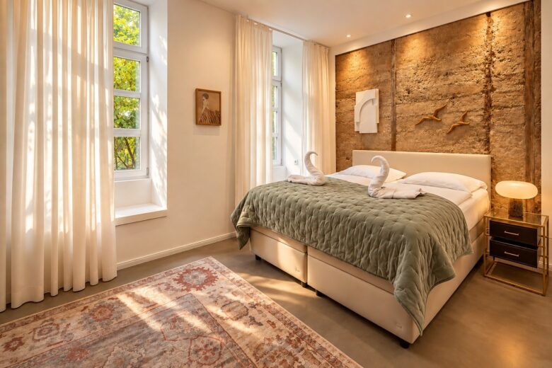 Private king bedroom of the Business One-Bedroom Residence Heidelberg with natural daylight and historic stone wall