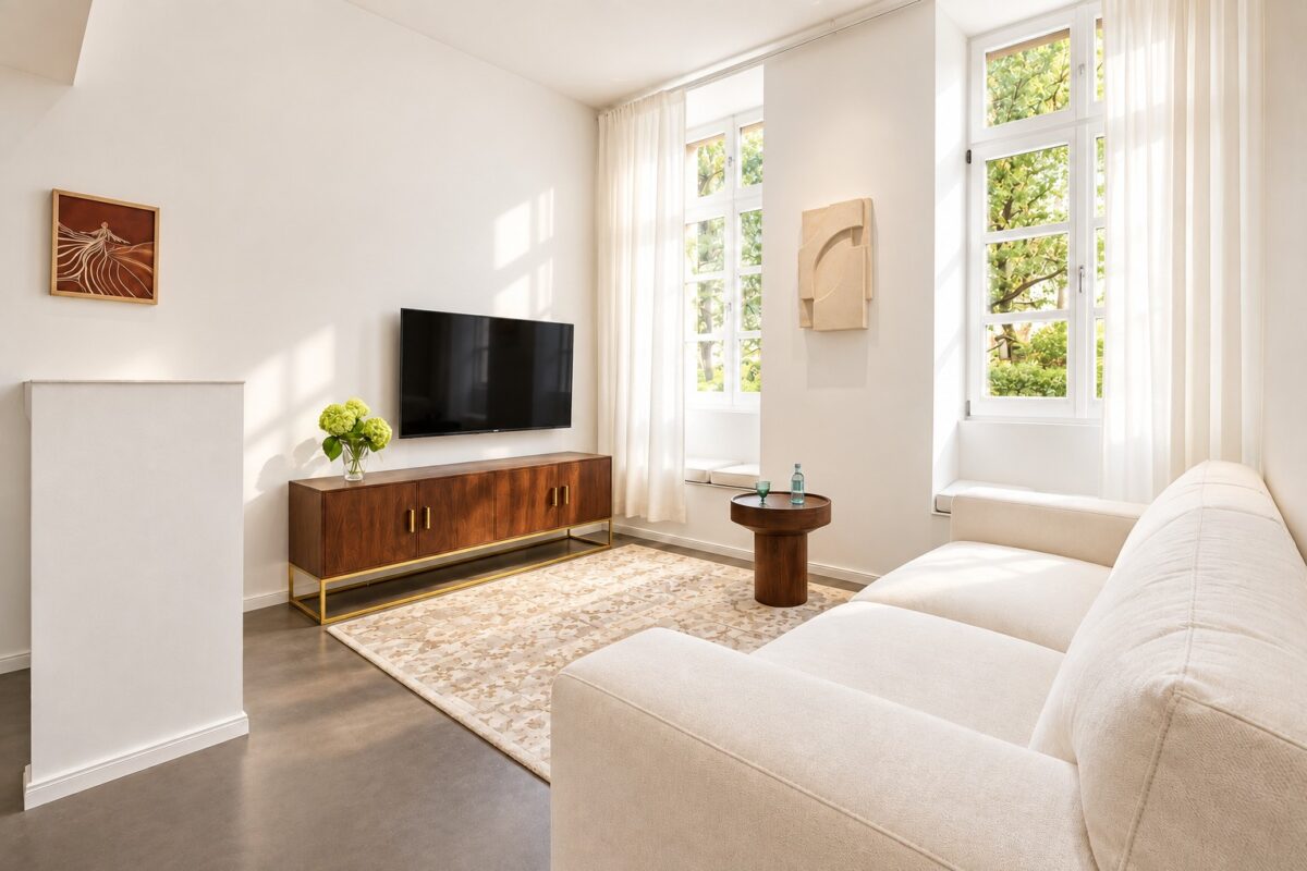 Bright private living area of the Business One-Bedroom Residence Heidelberg with sofa, TV and natural daylight