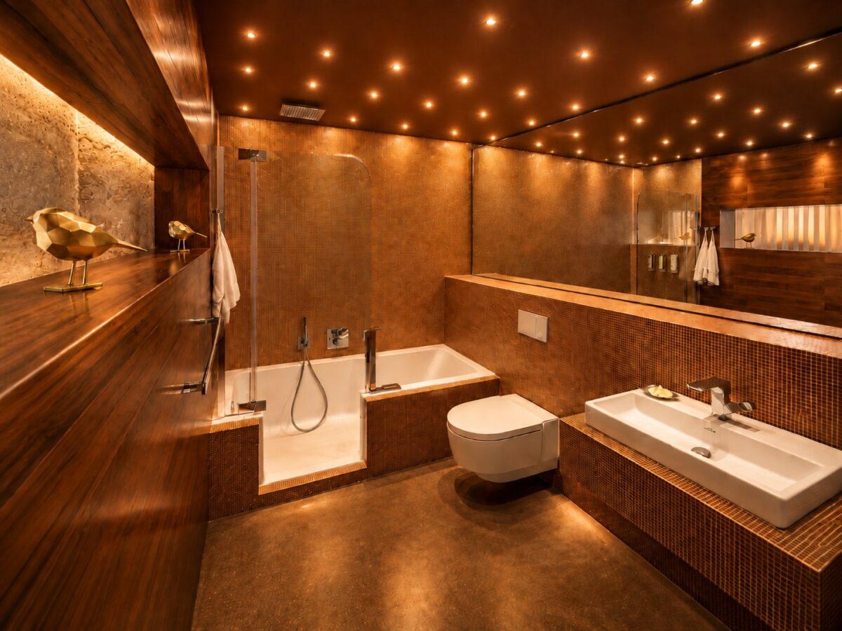 Spa-style bathroom of the Business One-Bedroom Residence Heidelberg with bathtub, mosaic surfaces and warm evening light