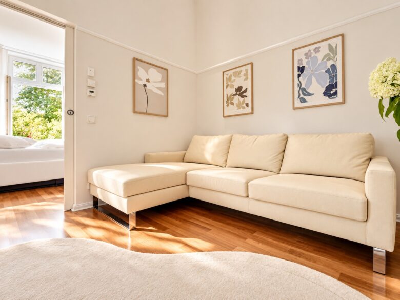 Bright living area in the Imperial Two-Bedroom Suite Heidelberg with soft spring morning light