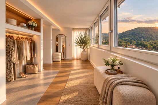 Elegant dressing area in the Royal Three-Bedroom Penthouse Residence Heidelberg with custom wardrobes, warm lighting and late-afternoon sunlight
