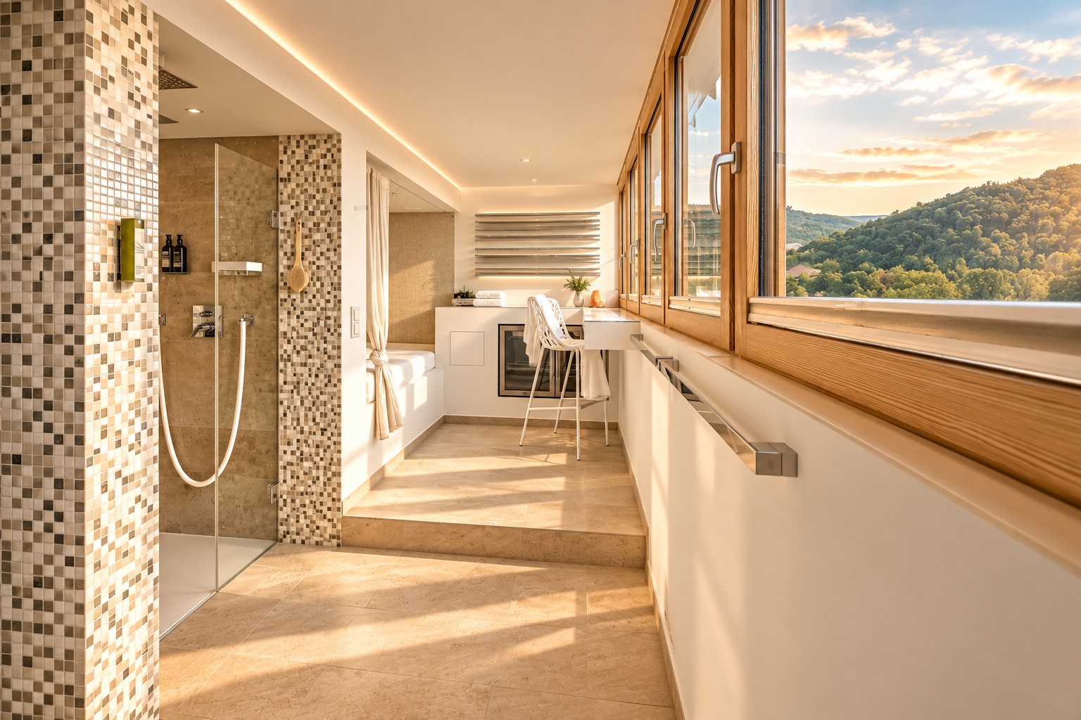 Private spa shower in the Royal Three-Bedroom Penthouse Residence Heidelberg with panoramic windows, mosaic tiles and warm late-afternoon light