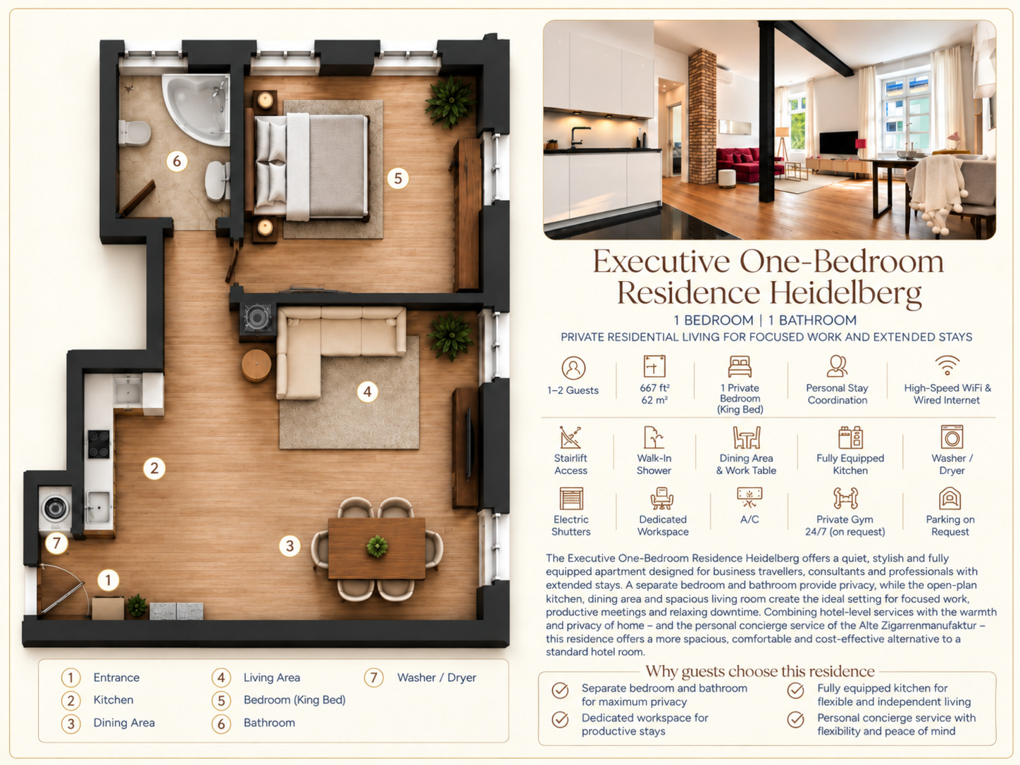 Executive One-Bedroom Residence Heidelberg – 62 m² floor plan with separate bedroom, kitchen, living area, workspace and residence amenities.