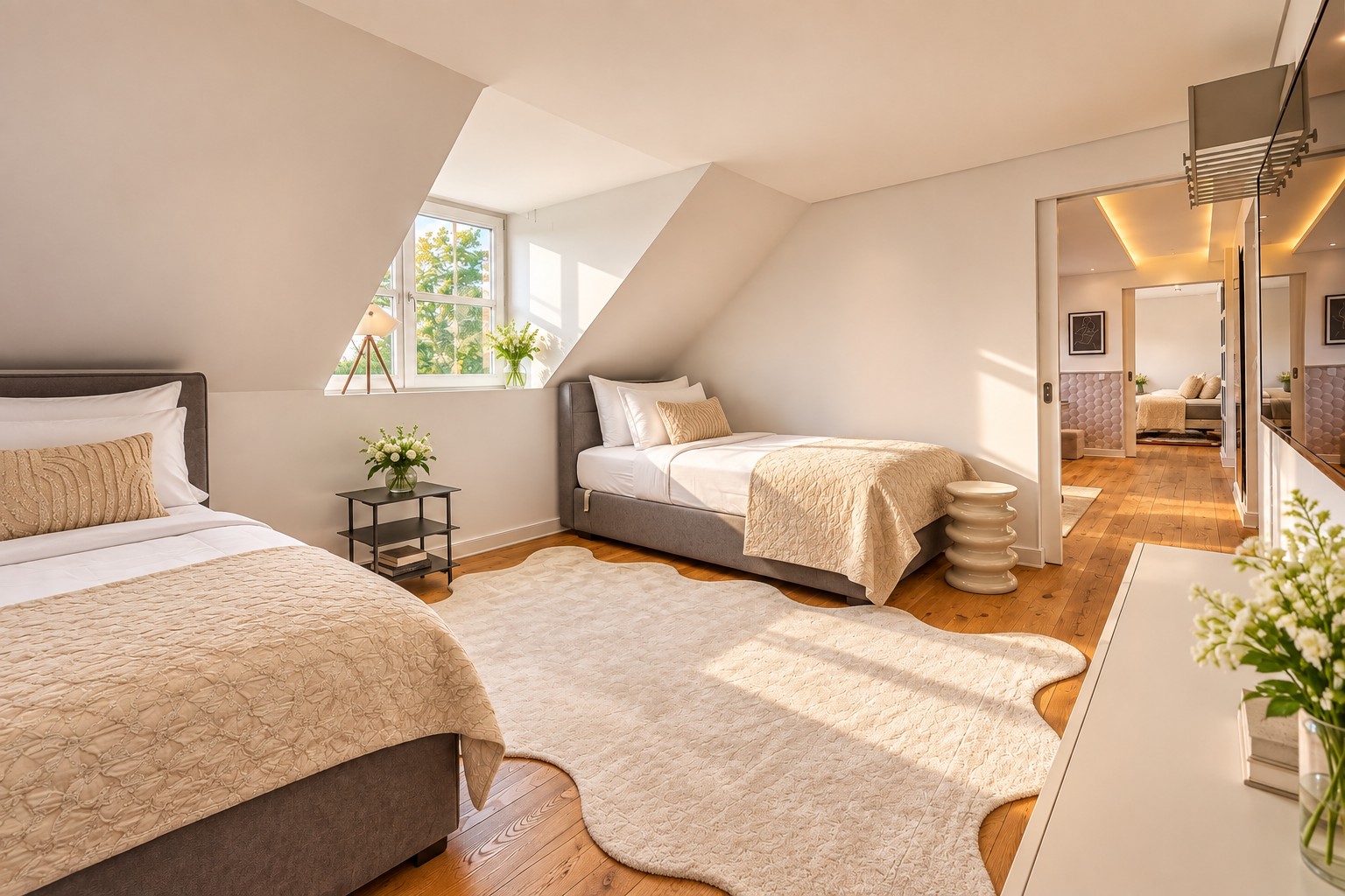 Bright private twin bedroom in the Two-Bedroom Companion Apartment Heidelberg with two professionally prepared separate beds and soft natural light.