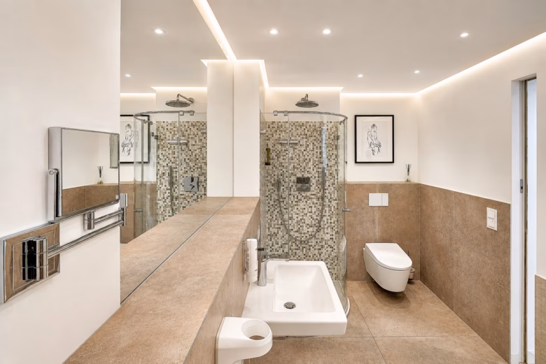 Spacious bathroom with walk-in rain shower in the Two-Bedroom Companion Apartment Heidelberg