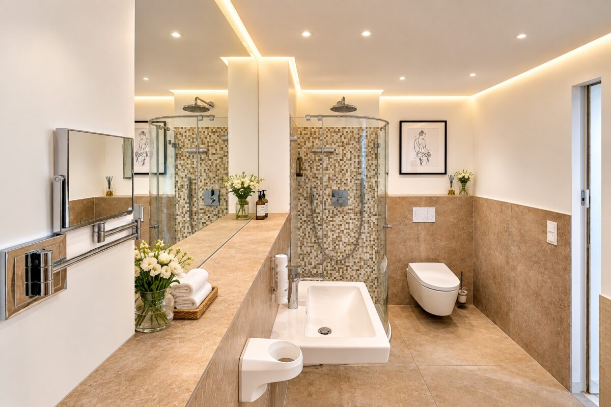 Private bathroom with walk-in rain shower in the Two-Bedroom Companion Apartment Heidelberg
