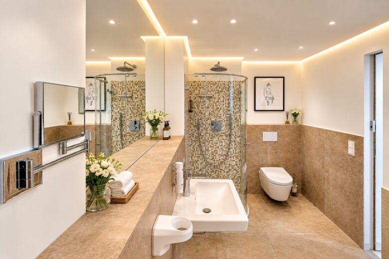 Private bathroom with walk-in rain shower in the Two-Bedroom Companion Apartment Heidelberg