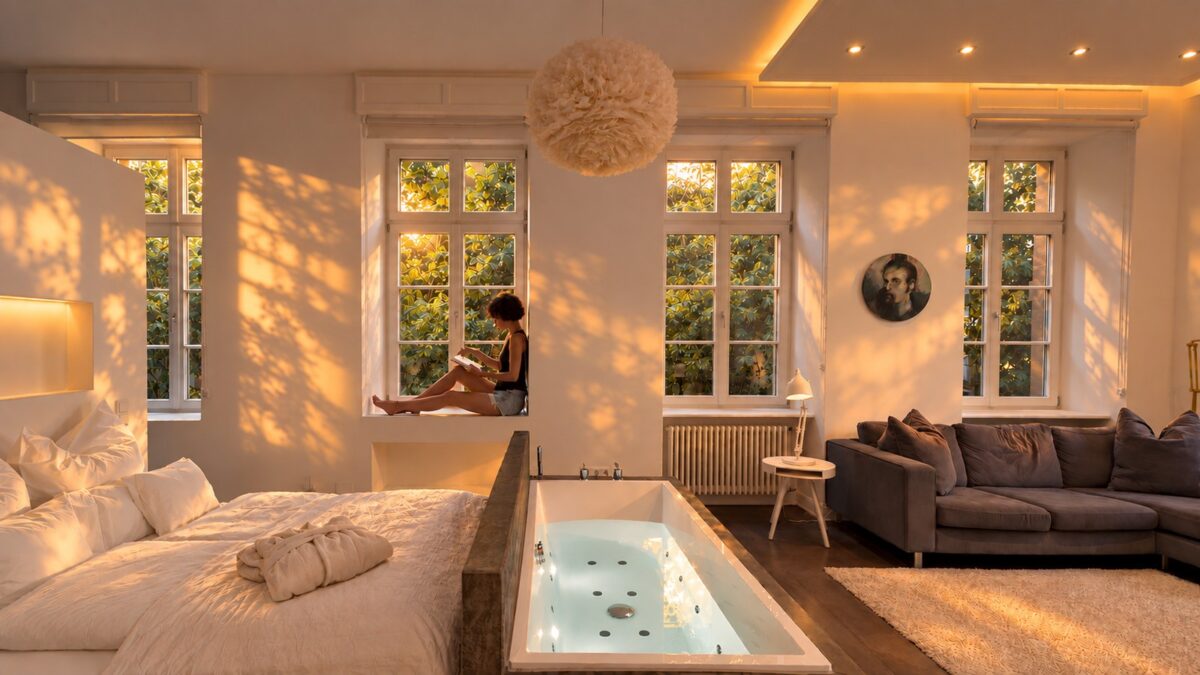 Private in-room whirlpool and living area in the Executive Loft Residence Heidelberg in warm evening light