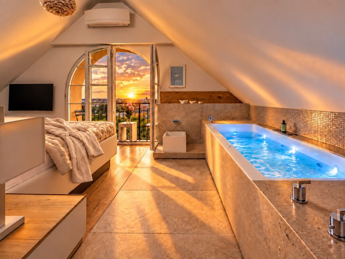 Luxurious bedroom in the Royal Three-Bedroom Penthouse Residence Heidelberg with private whirlpool, French balcony and sunset views