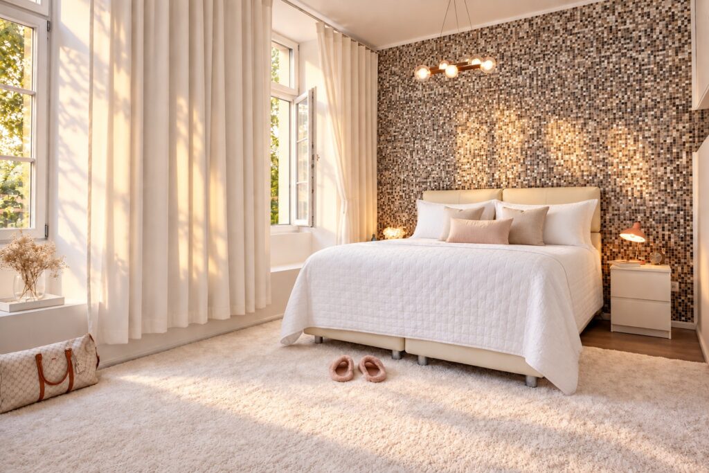 Elegant Deluxe Double Room Heidelberg with professionally prepared king-size bed, soft golden light and refined mosaic feature wall