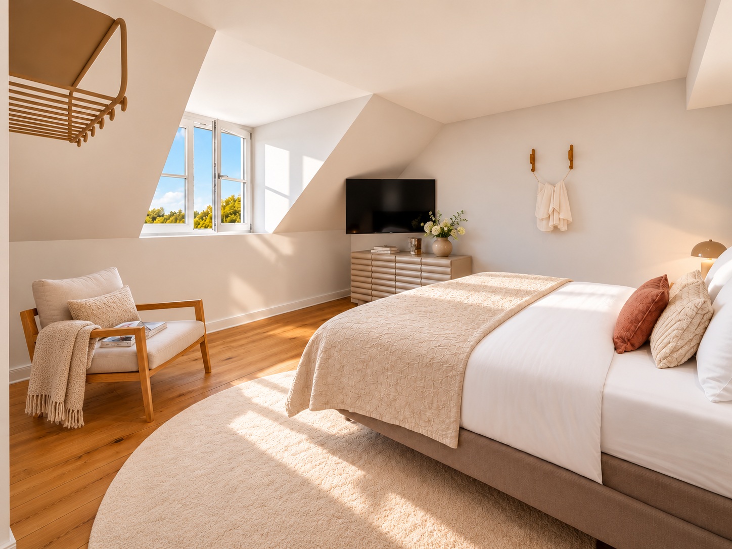Bright Grand Deluxe Room Heidelberg with professionally prepared bed, warm wooden floors, elegant seating area and soft morning light