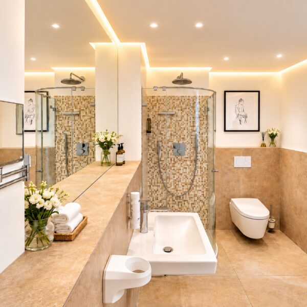 Elegant private bathroom in the Deluxe Twin Room Heidelberg with spacious rainfall shower, warm stone surfaces and soft ambient lighting