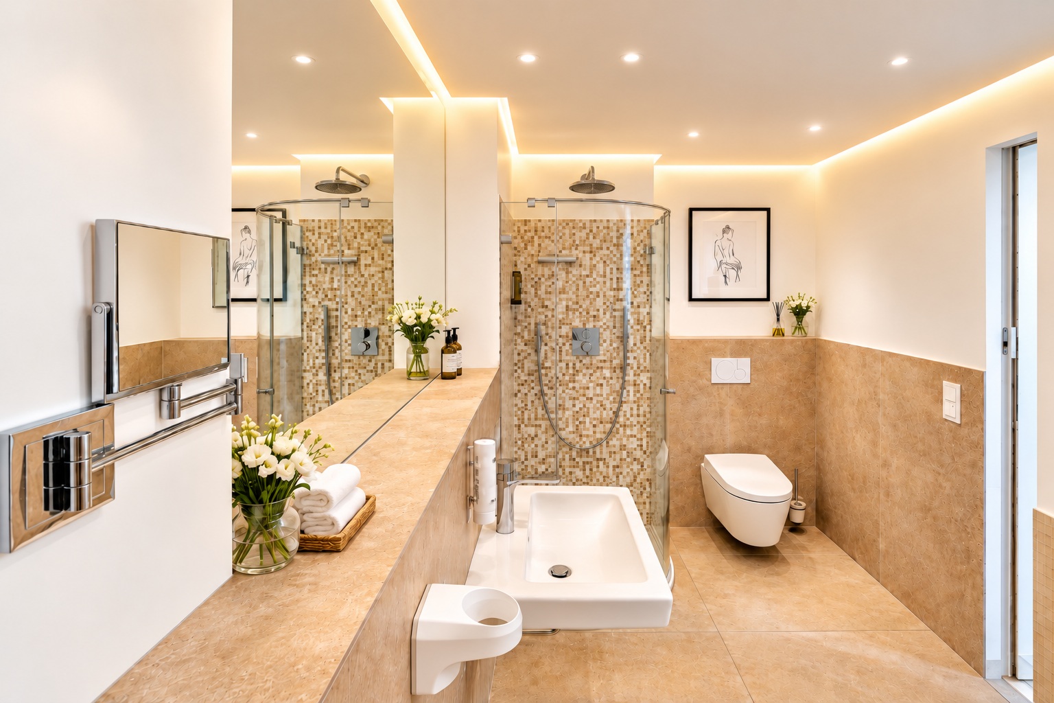 Elegant private bathroom in the Grand Deluxe Room Heidelberg with rainfall shower, warm stone surfaces and soft ambient lighting
