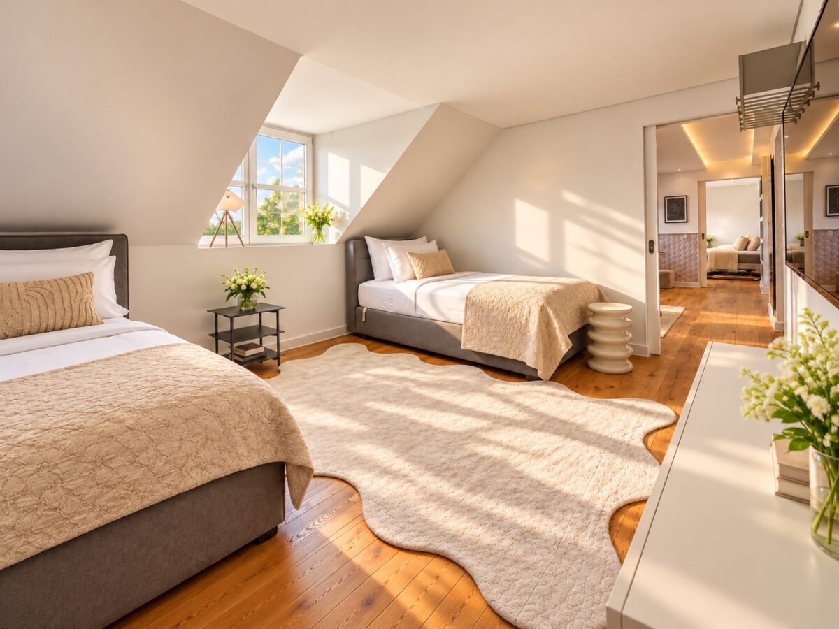 Bright Grand Deluxe Room Heidelberg with two professionally prepared beds, warm wooden floors and soft morning sunlight