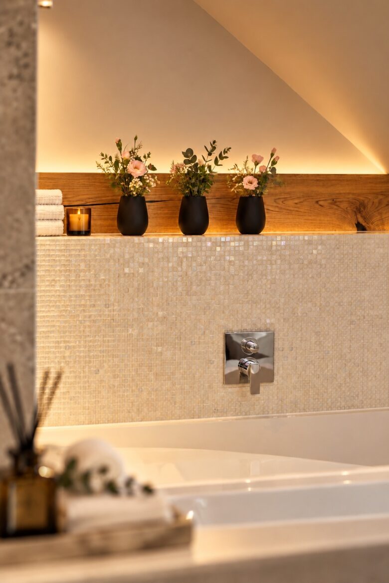 Elegant bathroom detail in the Grand Loft Residence Heidelberg with bathtub, warm ambient lighting, natural wood and floral decoration