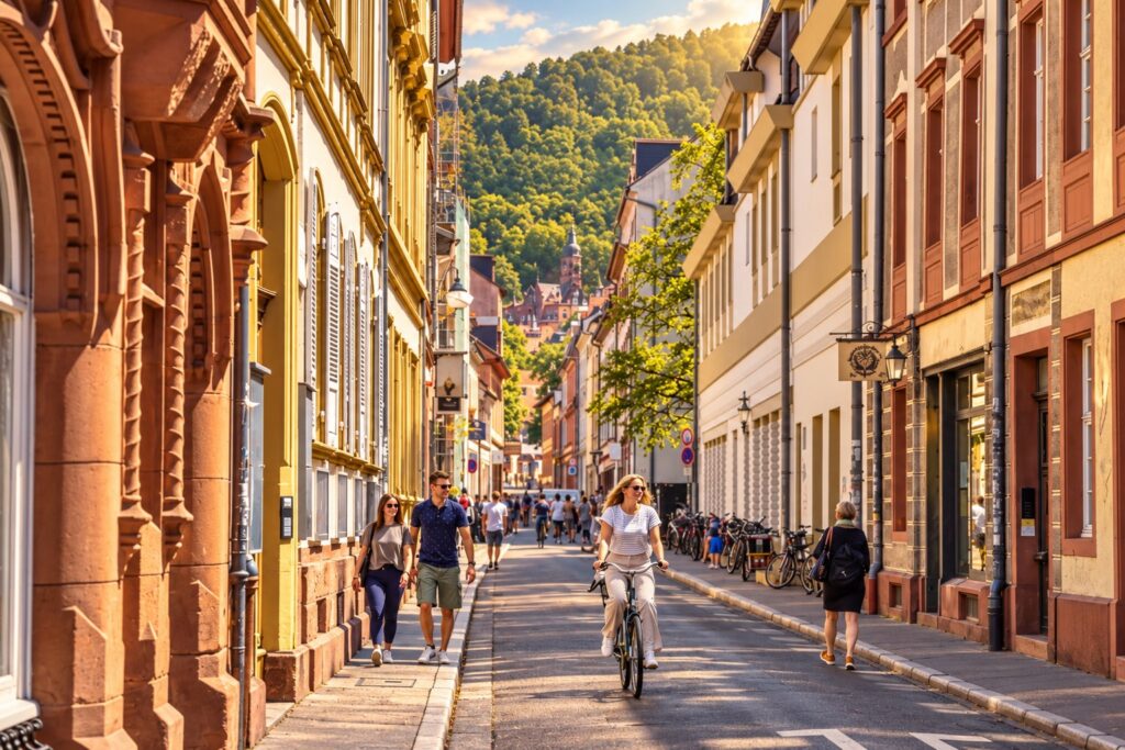 Historic street in Heidelberg Old Town with cyclists, pedestrians and the green hills of the Neckar Valley