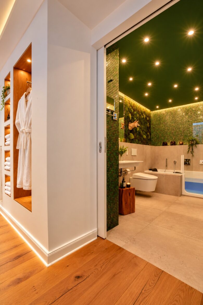 Private spa bathroom in the Medical Stay Apartment Heidelberg with green painted ceiling, bathtub, bathrobe and warm ambient lighting