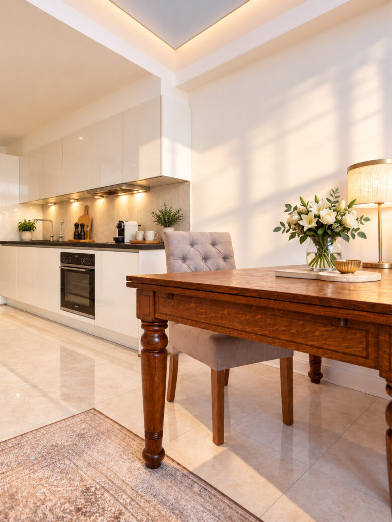 Private kitchen and dining area in the Medical Stay Two-Bedroom Suite Heidelberg with fully equipped kitchen, elegant dining table and warm residential atmosphere