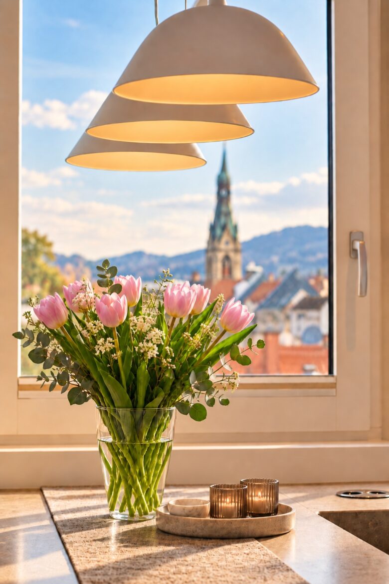 Pink tulips in the One-Bedroom Penthouse Residence Heidelberg with warm pendant lighting and panoramic city views