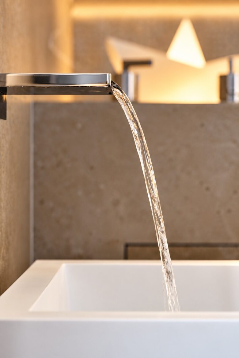 Elegant waterfall faucet in the Panorama Whirlpool Penthouse Heidelberg with flowing water, warm spa lighting and refined bathroom details