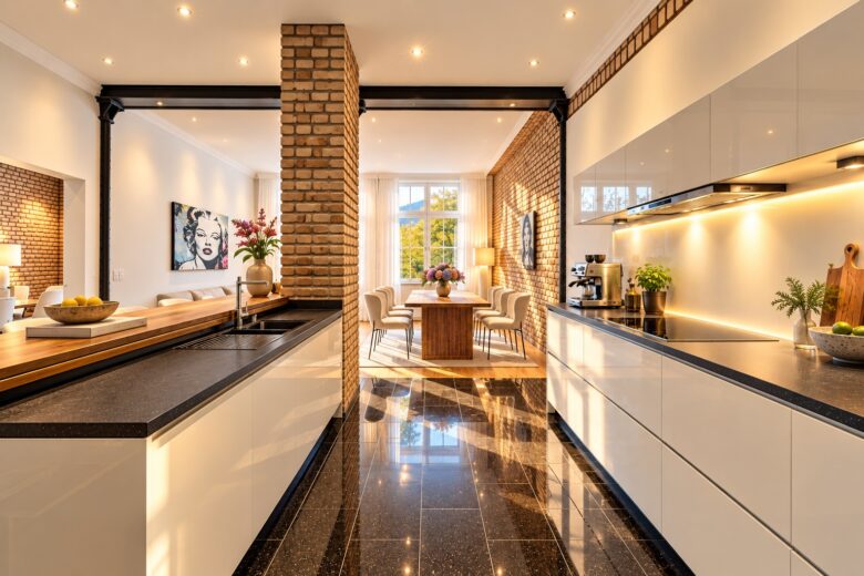 Bright designer kitchen and dining area in the Signature Two-Bedroom Residence Heidelberg with exposed brick, warm lighting and elegant residential details