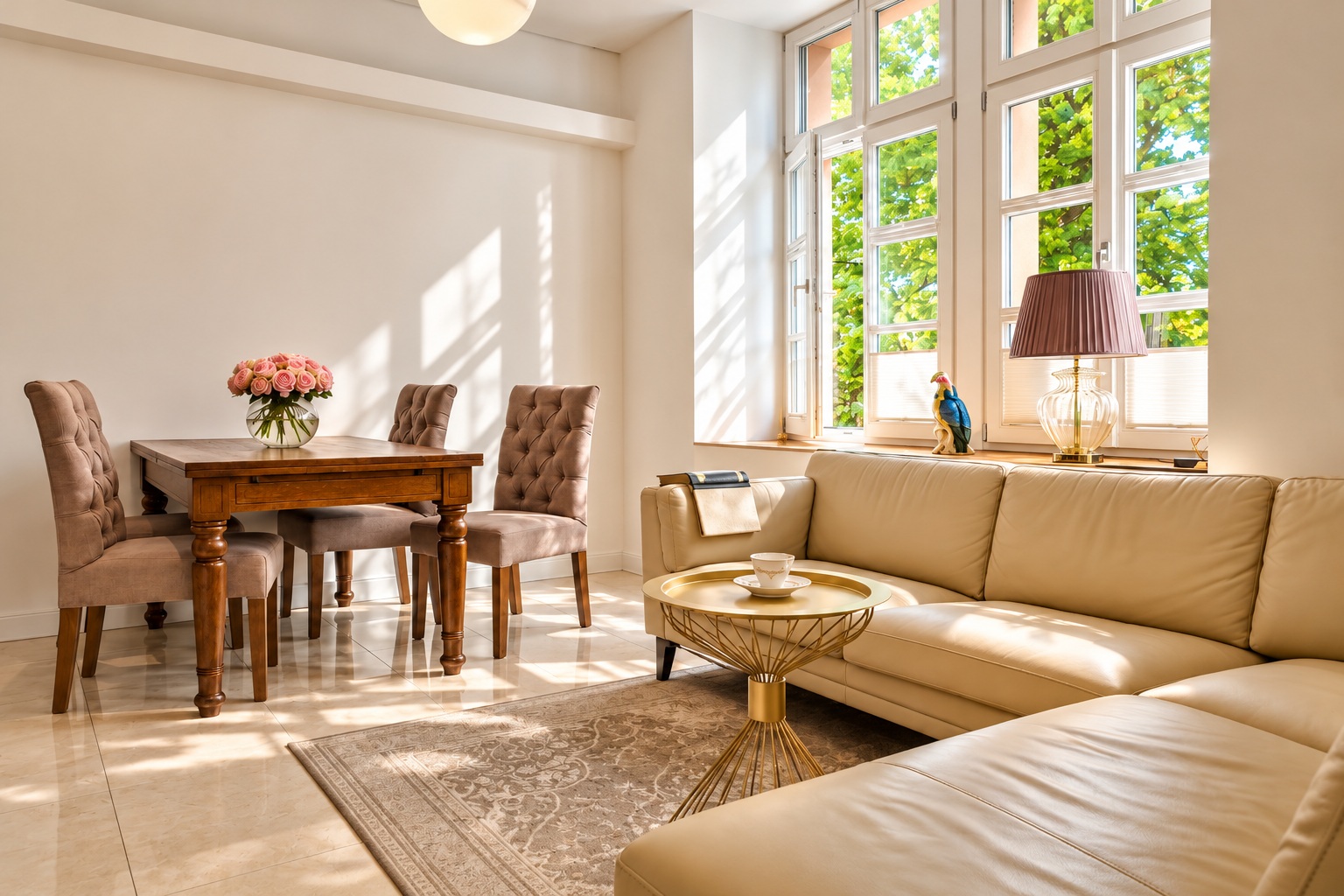 Bright living and dining area in the Signature Two-Bedroom Suite Heidelberg with elegant seating, dining table and soft natural daylight