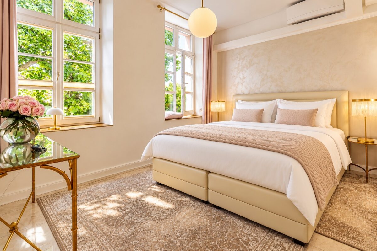Elegant principal bedroom in the Signature Two-Bedroom Suite Heidelberg with professionally prepared king-size bed, soft natural light and refined residential design