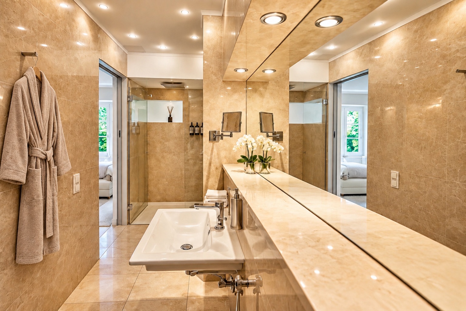 Elegant private bathroom in the Signature Two-Bedroom Suite Heidelberg with walk-in shower, warm stone surfaces and a prepared bathrobe