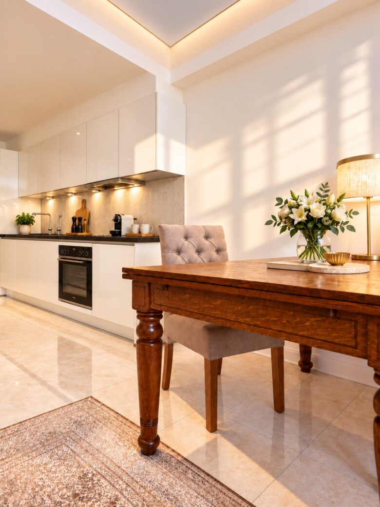 Elegant private kitchen and dining area in the Signature Two-Bedroom Suite Heidelberg with fully equipped kitchen, refined dining table and warm natural light