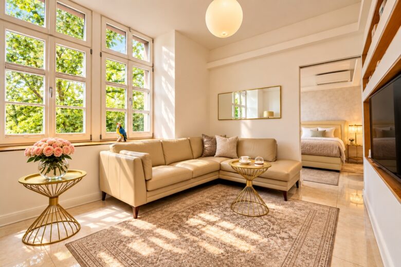 Bright private living area in the Signature Two-Bedroom Suite Heidelberg with elegant seating, large windows and professionally prepared adjoining bedroom