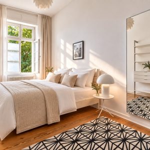 Bright master bedroom with large mirror and modern storage space – ideal for long-term stays in Heidelberg
