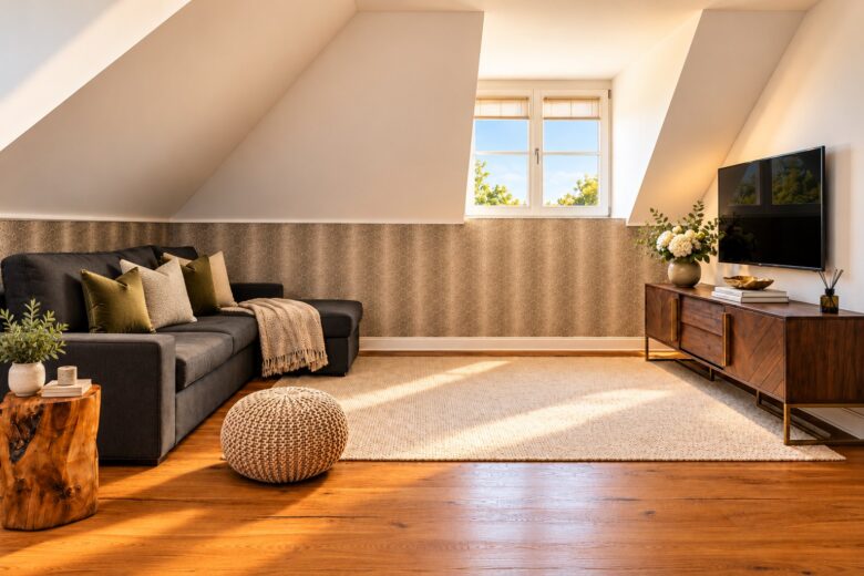 Bright private living area in a serviced apartment in Heidelberg with sofa, television and warm natural light